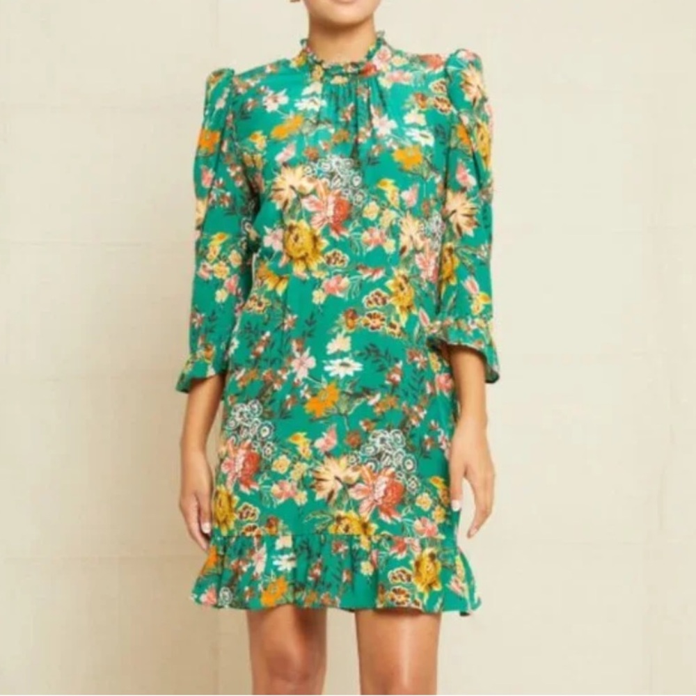 Amour Vert 100% Silk Floral Green Adeline Dress S Small 2-4